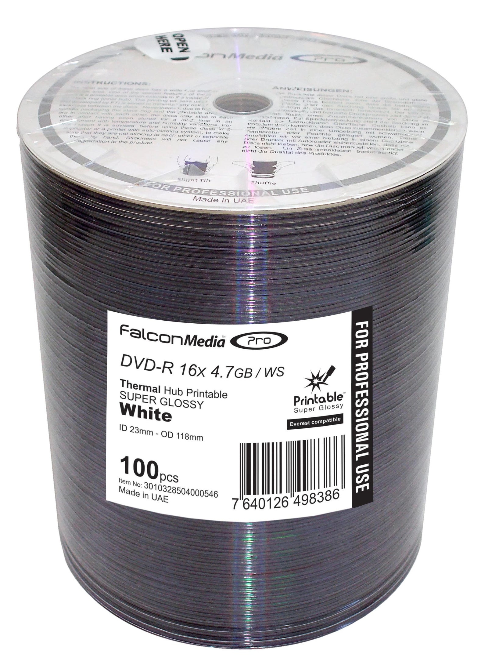 Falcon 16X Thermal White Super Glossy Hub Printable DVD-R/100-PK